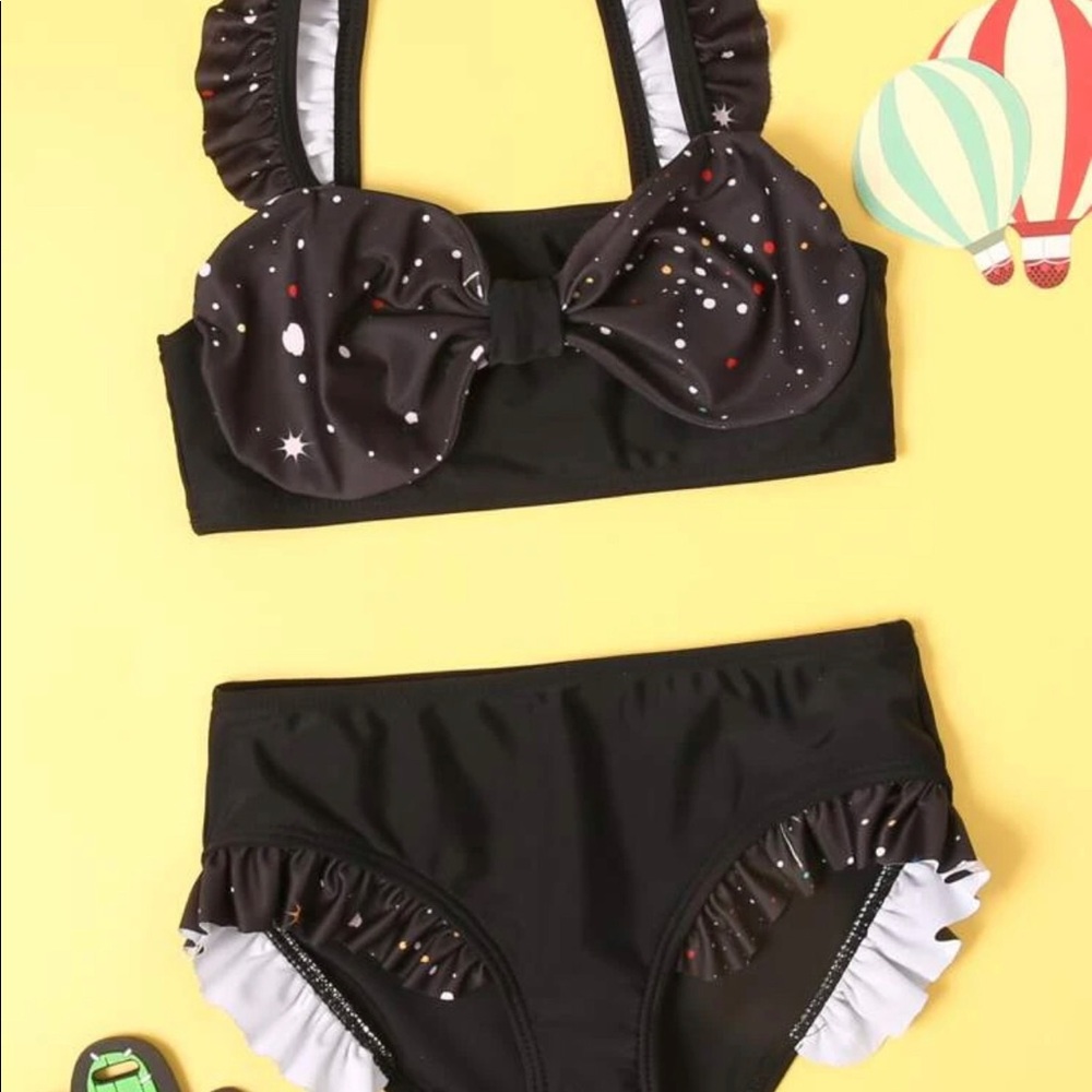 Retro 70’s Black White toddler girl two piece swim